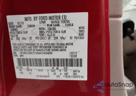 2010 Ford Escape Xls z USA, uszkodzony, nr VIN 1FMCU9C73AKC90430